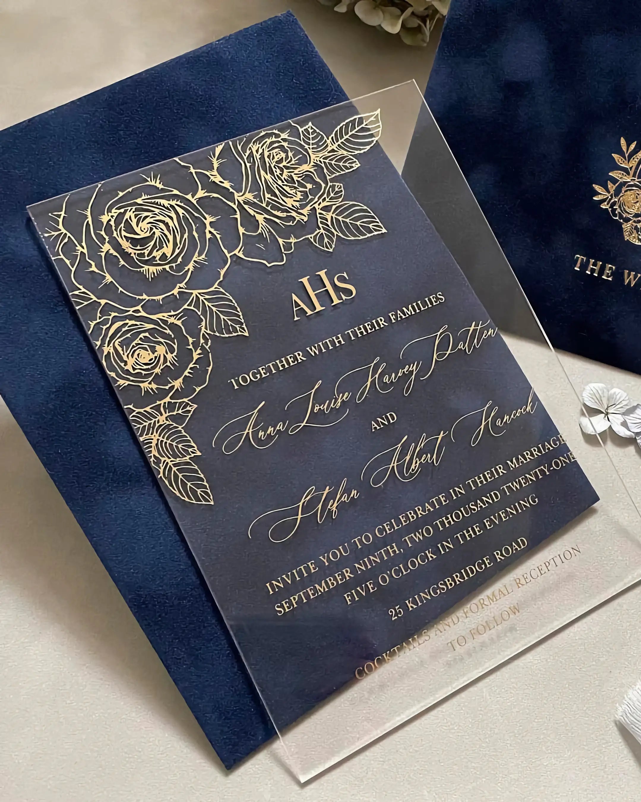 Gold Roses Acrylic wedding invitation with gold foil rose pattern and Navy Blue velvet envelope — Polina Perri